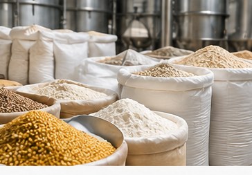 Bulk food and grain raw materials in commercial storage