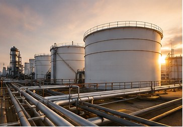 Storage tanks and pipelines at an energy terminal