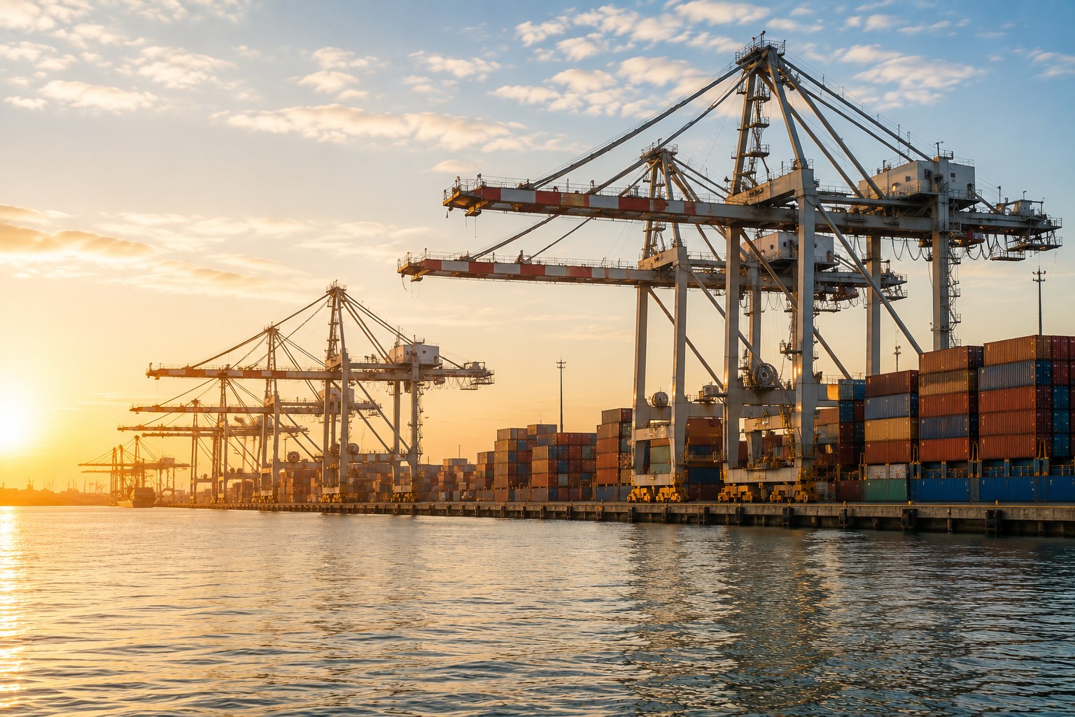 Container cranes loading cargo at a commercial port